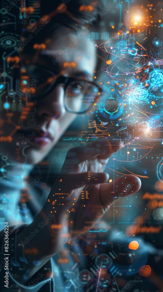 Close-up of a person sharing interesting facts, with an overlay of scientific diagrams and space imagery, symbolizing curiosity and knowledge Close-up of a person sharing interesting facts, with an overlay of scientific diagrams and space imagery, symbolizing curiosity and knowledge