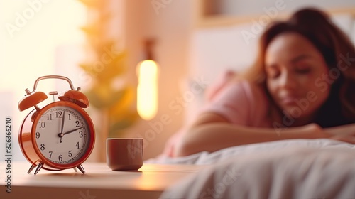 A serene bedroom scene with a woman sleeping and an alarm clock ready to wake her up, invoking the concept of rest and time management photo