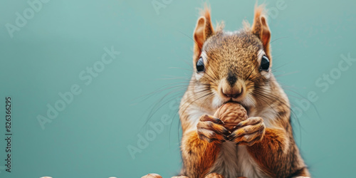 A charming squirrel focused on gnawing a nut up close, banner, copy space photo
