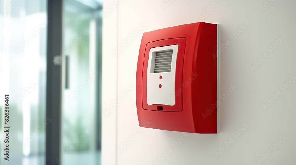 A modern red fire alarm system mounted on a glass building wall, symbolizing safety and emergency preparedness A modern red fire alarm system mounted on a glass building wall, symbolizing safety and emergency preparedness