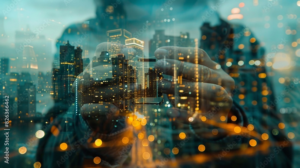 Fototapeta premium Close-up of a photographer's hands developing film, merged with an urban skyline at night, double exposure