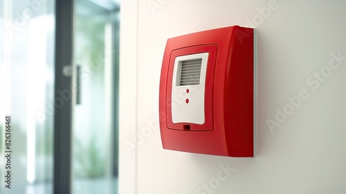 A modern red fire alarm system mounted on a glass building wall, symbolizing safety and emergency preparedness photo