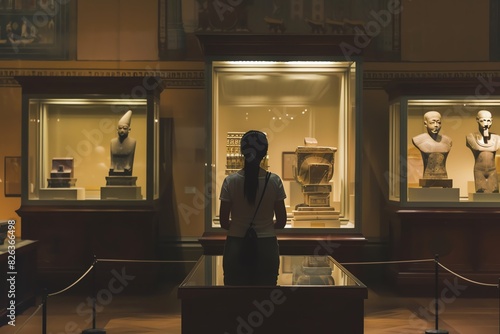Visitor admiring ancient sculptures and artifacts displayed in a dimly lit museum exhibition hall, emphasizing cultural heritage. photo