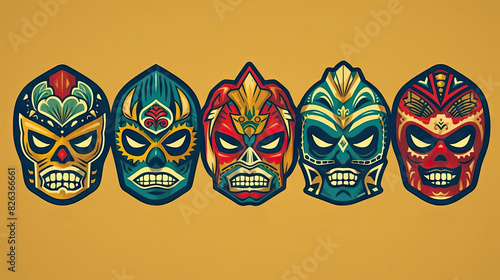 A series of bold, stylized illustrations of traditional Lucha Libre wrestling masks on a warm background photo