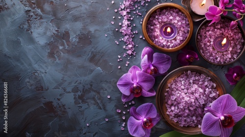 Thai Spa Treatments aroma therapy salt and sugar scrub massage with purple orchid flower on backboard with candle. photo