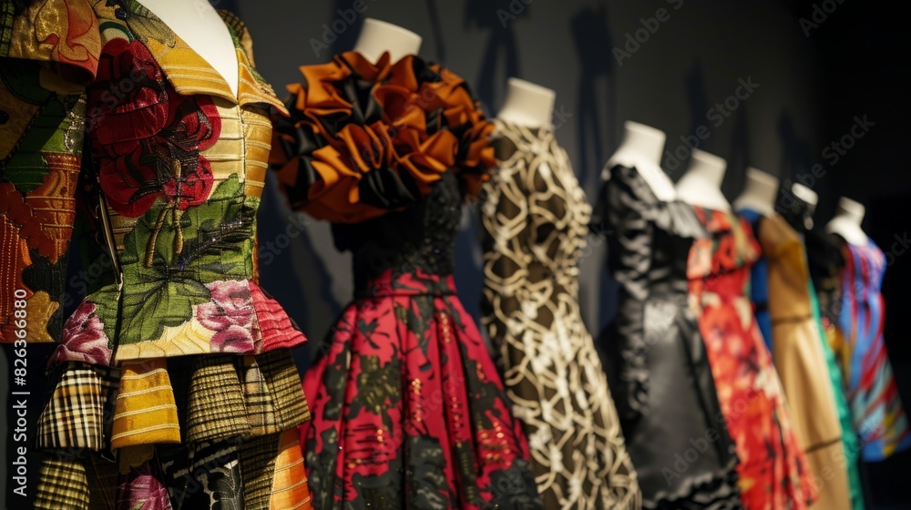 Various colored dresses lined up on display in a row. Various colored dresses lined up on display in a row.