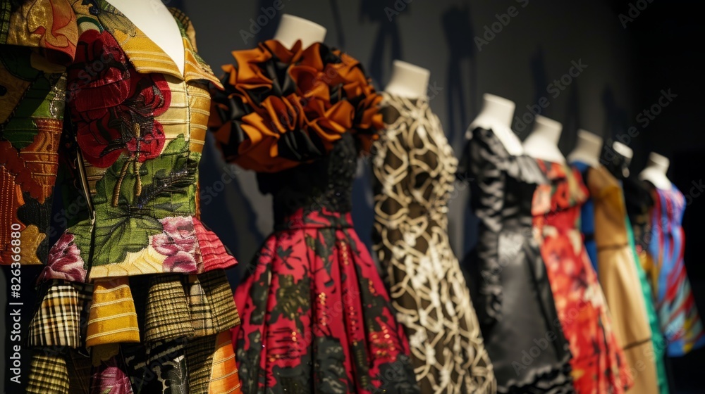 Various colored dresses lined up on display in a row.