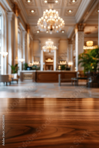 A polished wooden table in the foreground with a blurred background of a luxury hotel lobby. The background includes plush seating  elegant decors  a large chandelier  and a reception desk. 