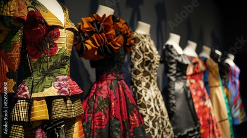 Various colored dresses lined up on display in a row.