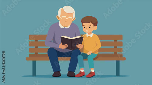 A grandpa and his grandson sitting side by side on a bench both absorbed in the same wellworn Bible that rests between them.. Vector illustration photo