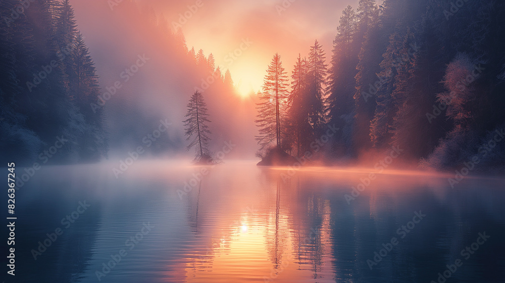 Fototapeta premium A calm lake reflecting the soft hues of dawn, surrounded by misty hills and trees. The rising sun casts a warm, golden glow over the tranquil waters and the serene landscape. 