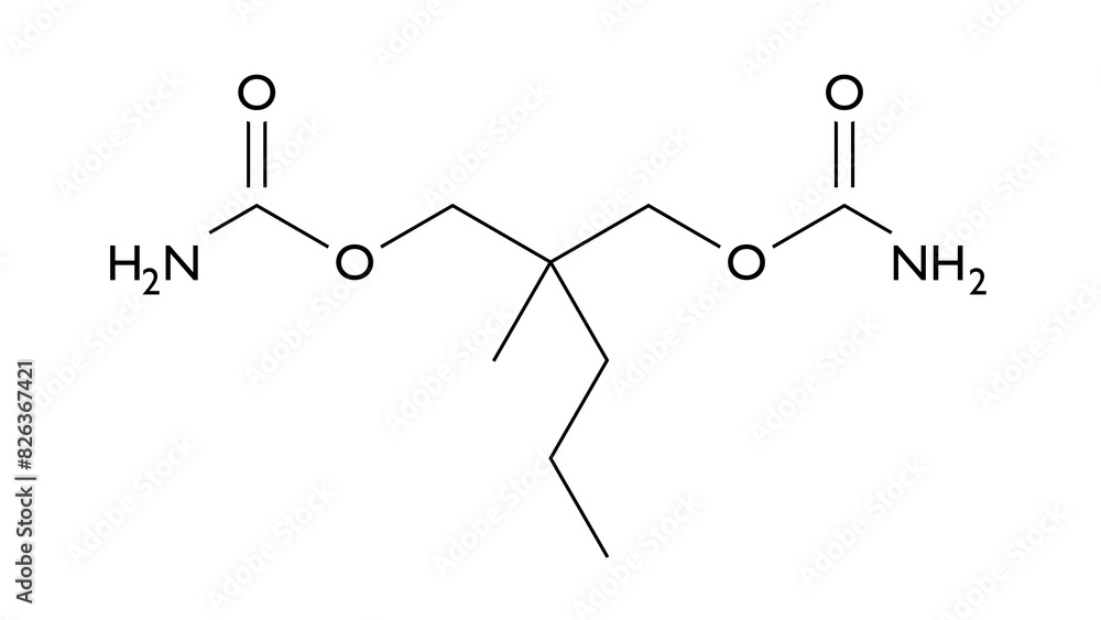 meprobamate molecule, structural chemical formula, ball-and-stick model, isolated image anxiolytics meprobamate molecule, structural chemical formula, ball-and-stick model, isolated image anxiolytics