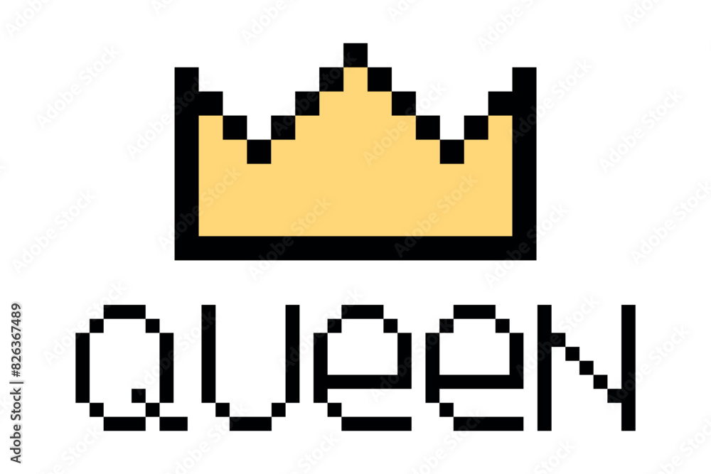 Crown pixel, lettering in pixel art style. Isolated vector illustration for poster, print, background, cover