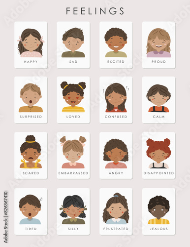 Feelings Cards, Kids face portrait, Educational Cards, Kids materials, Kindergarten vector, School materials, Educational Feelings vector