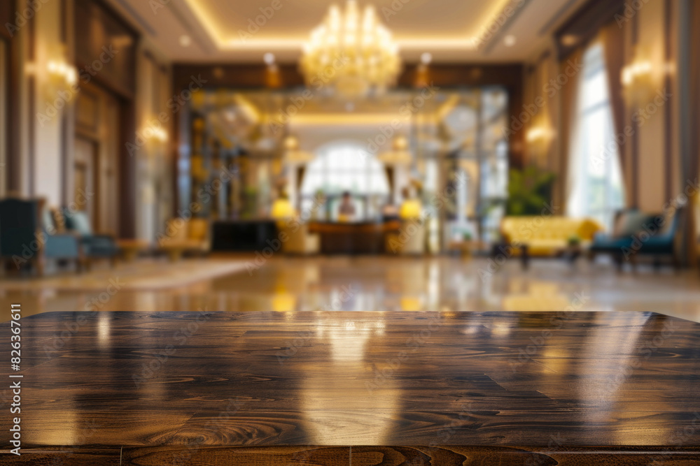 A polished wooden table in the foreground with a blurred background of a luxury hotel lobby. The background includes plush seating, elegant decors, a large chandelier, and a reception desk. 