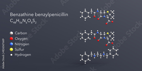 benzathine benzylpenicillin molecule 3d rendering, flat molecular structure with chemical formula and atoms color coding photo