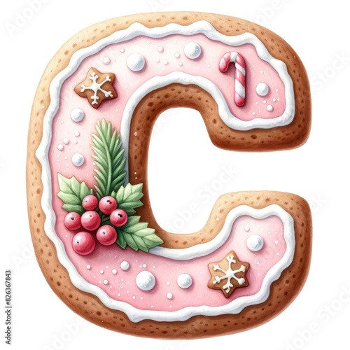 Christmas themed uppercase letter C with pink gingerbread cookie with decorations isolated on transparent background, alphabet clipart