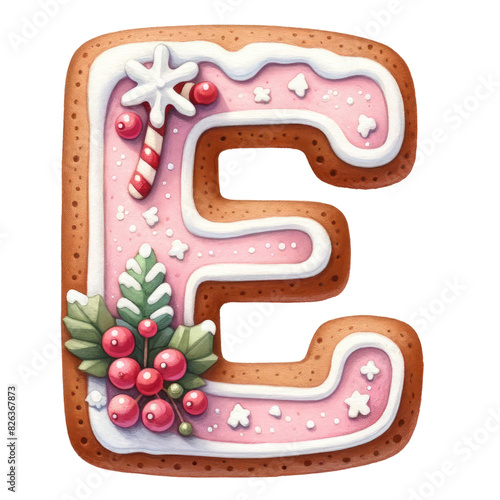 Christmas themed uppercase letter E with pink gingerbread cookie with decorations isolated on transparent background, alphabet clipart