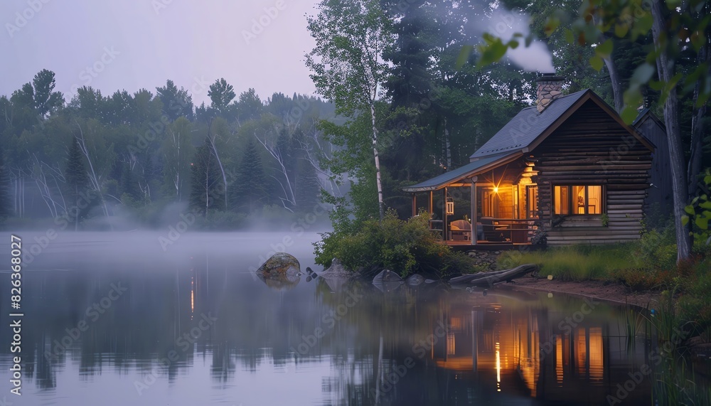 Fototapeta premium Cozy lakeside cabin illuminated at dusk with surrounding trees reflecting on the misty water, creating a serene and tranquil scene.