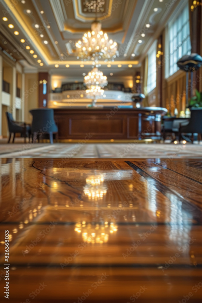 Obraz premium A polished wooden table in the foreground with a blurred background of a luxury hotel lobby. The background includes plush seating, elegant decors, a large chandelier, and a reception desk. 
