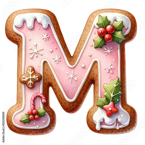 Christmas themed uppercase letter M with pink gingerbread cookie with decorations isolated on transparent background, alphabet clipart
