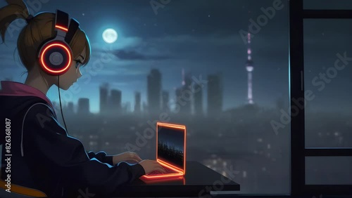 An anime girl, wearing headphones, is sitting at a table, focused on using a laptop computer, a big night city in the background