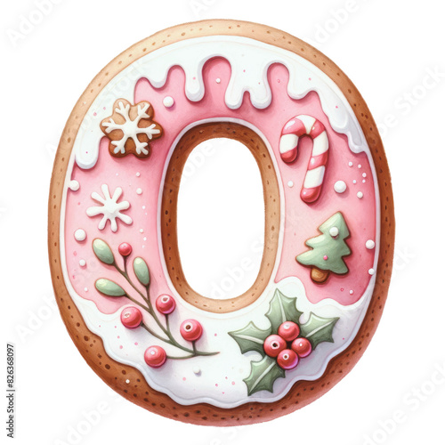 Christmas themed uppercase letter O with pink gingerbread cookie with decorations isolated on transparent background, alphabet clipart