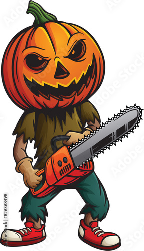 Cartoon scary pumpkin holding chainsaw