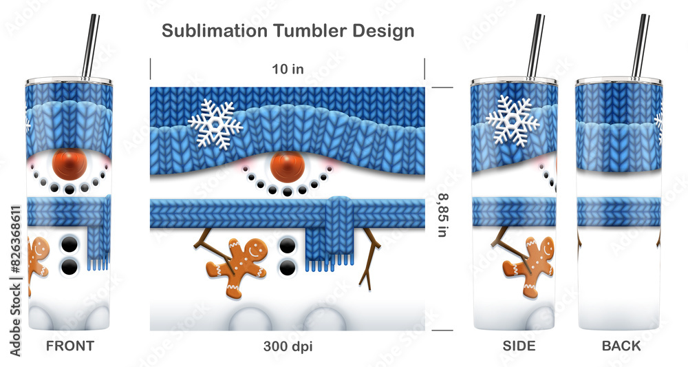 Naklejka premium Funny Christmas Snowman. Sublimation design for 20 oz skinny tumbler. Sublimation illustration. Seamless from edge to edge. Full tumbler wrap.