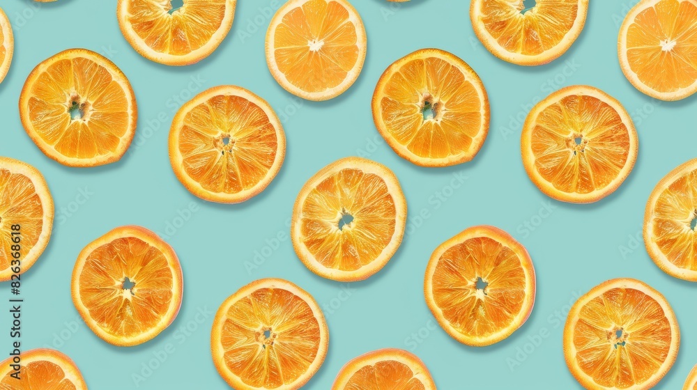 A visually appealing pattern of fresh orange slices, evenly arranged in a repetitive layout. The oranges are thinly sliced, showcasing their juicy, bright orange interiors. The background is a soft pa A visually appealing pattern of fresh orange slices, evenly arranged in a repetitive layout. The oranges are thinly sliced, showcasing their juicy, bright orange interiors. The background is a soft pa