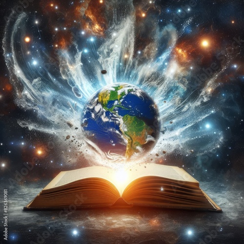 Dramatic illustration of a book emitting a cosmic energy explosion with Earth and stars, symbolizing vast knowledge and discovery.. AI Generation © Anastasiia