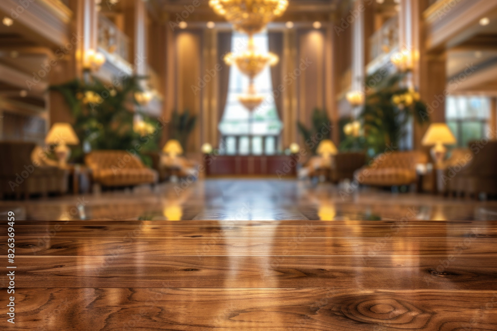 A polished wooden table in the foreground with a blurred background of a luxury hotel lobby. The background includes plush seating, elegant decors, a large chandelier, and a reception desk. A polished wooden table in the foreground with a blurred background of a luxury hotel lobby. The background includes plush seating, elegant decors, a large chandelier, and a reception desk.