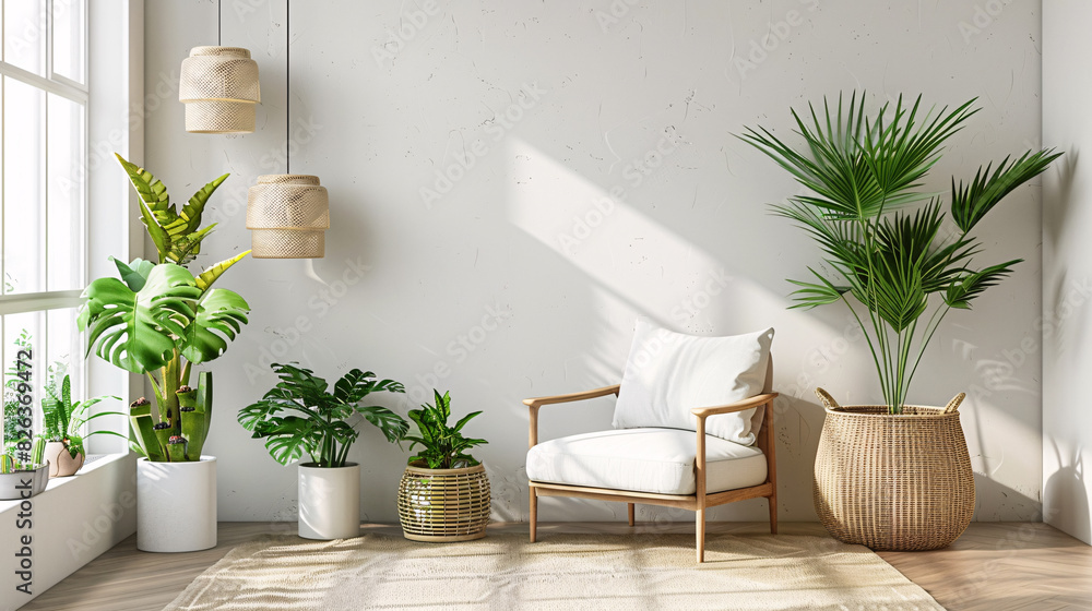 Minimalist living room design with a white wall, green plants, and stylish furniture Minimalist living room design with a white wall, green plants, and stylish furniture