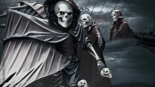 In a cemetery, an animated dark figure resembling a grim reaper is positioned next to skulls, creating an eerie scene filled with supernatural elements