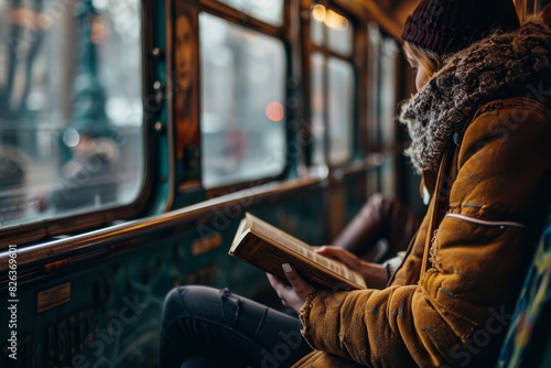 A person sitting on a bus, engrossed in reading a book © Nino Lavrenkova