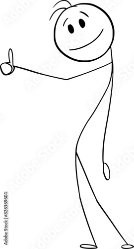 Smiling person showing show up gesture or hitchhiking car , vector cartoon stick figure or character illustration.