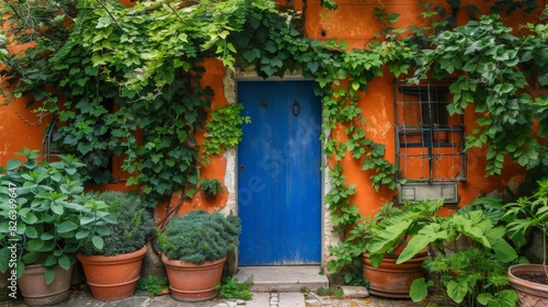 A picturesque blue doorway framed by vibrant  climbing ivy on a rustic orange wall. 