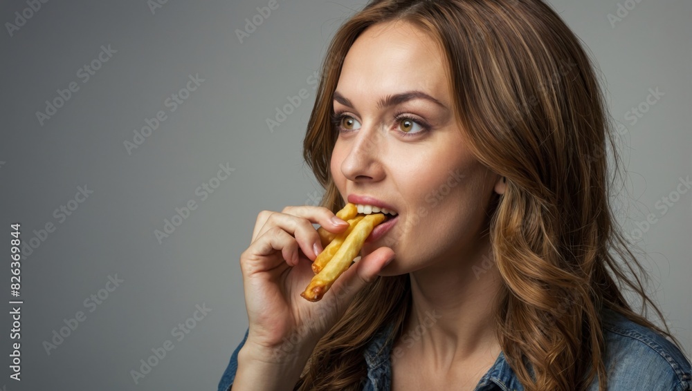 Young Woman Enjoying Delicious French Fries: Close-Up Portrait