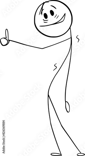 Smiling drunken person showing thumb up gesture, vector cartoon stick figure or character illustration.