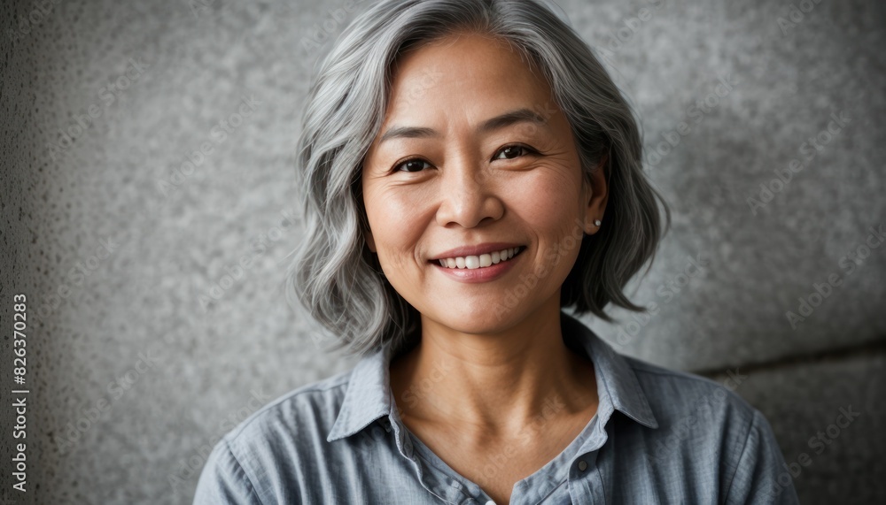 Beautiful asian with grey hair smiling standing near the wall Beautiful asian with grey hair smiling standing near the wall