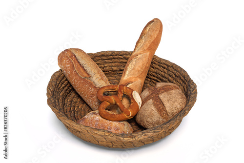 3D rendering of loaves of bread in an old wicker basket. 3D illustration of bread basket isolated on white background.