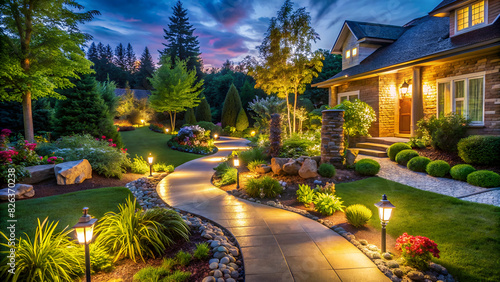 home yard landscape with garden and pathway