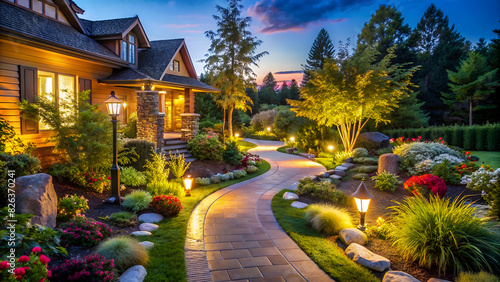 home yard landscape with garden and pathway photo