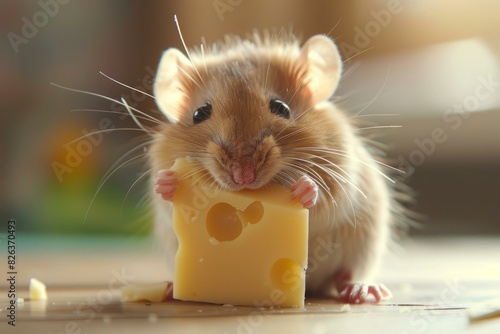 Adorable hamster nibbles on a slice of swiss cheese, with soft lighting