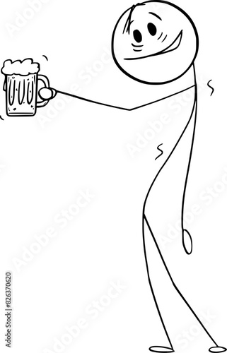Smiling drunken person holding glass of beer, vector cartoon stick figure or character illustration.