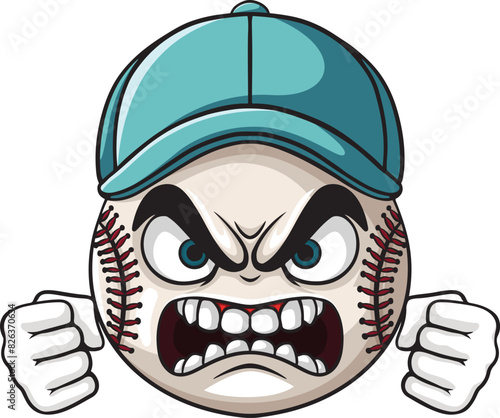 Cartoon angry baseball ball character wearing blue hat