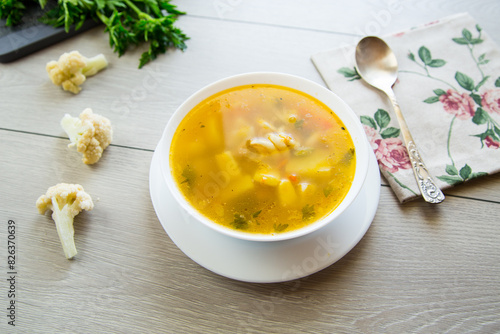 Homemade chicken vegetable soup on rustic wooden background