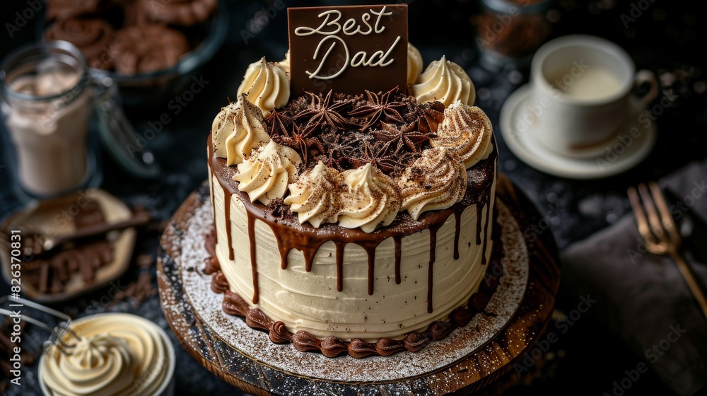 Top view of a festive chocolate cake for Father's Day or birthday with Best Dad written on top Top view of a festive chocolate cake for Father's Day or birthday with Best Dad written on top