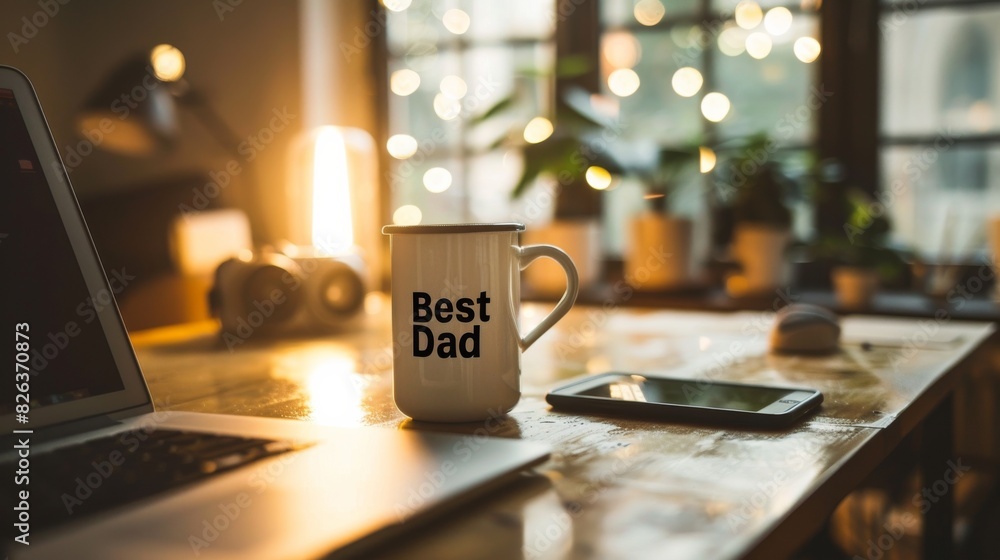 Best Dad coffee mug on office desk with a sleek laptop and smartphone. Father's Day or birthday gift Best Dad coffee mug on office desk with a sleek laptop and smartphone. Father's Day or birthday gift