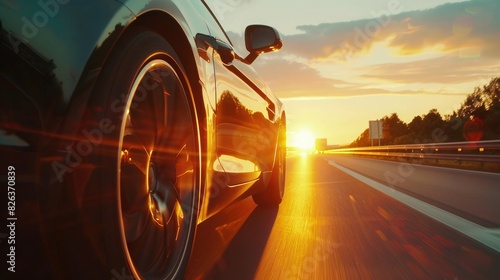 Car rushes along the highway at sunset , low angle side view  photo